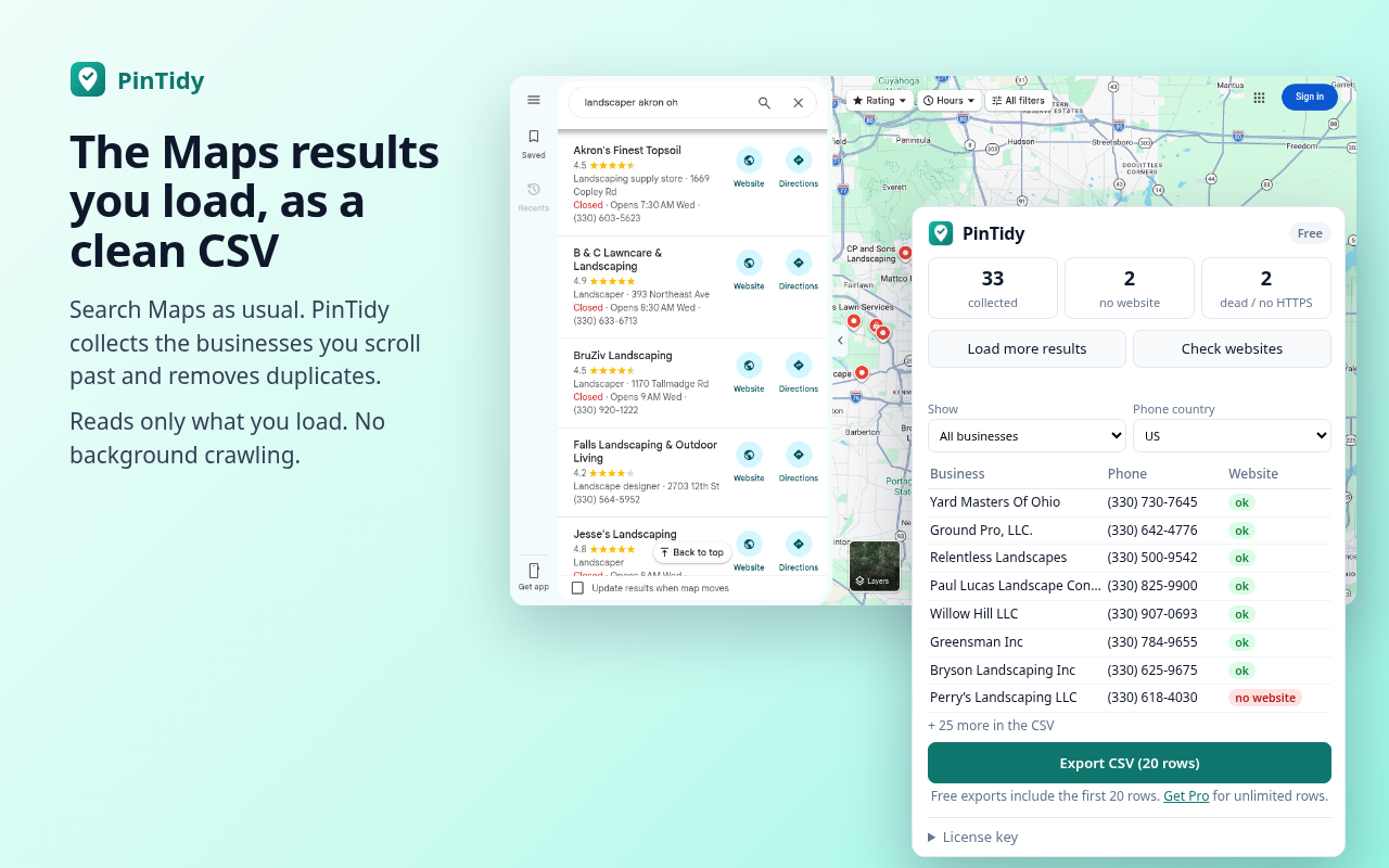 PinTidy popup next to a Maps search, showing collected businesses and website status