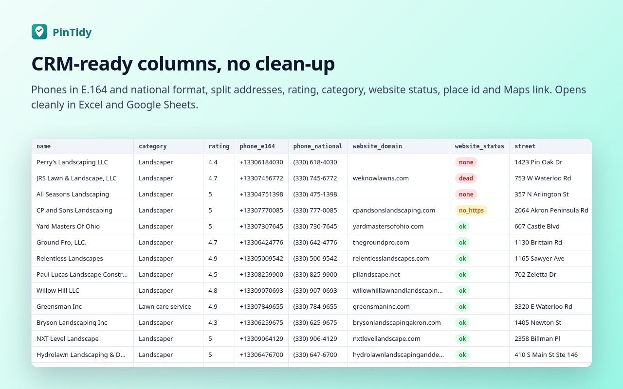 Example CSV exported by PinTidy with website status column